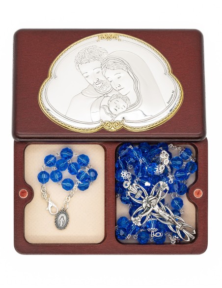 Sapphire Blue Crystal Rosary Bracelet Wooden Box Set