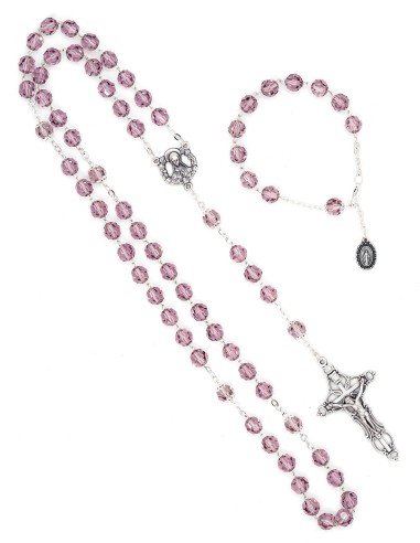 Light Purple Crystal Rosary Bracelet Wooden Box Set