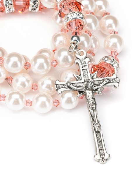 Sterling Silver Pearls Ancient Rose Crystal Rosary | Vatican Gift