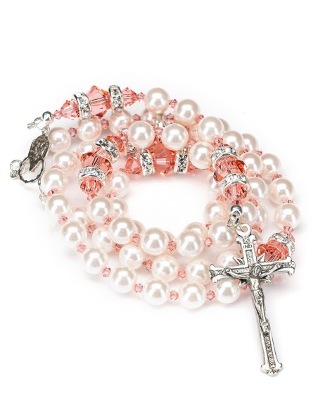 Sterling Silver Pearls Ancient Rose Crystal Rosary | Vatican Gift
