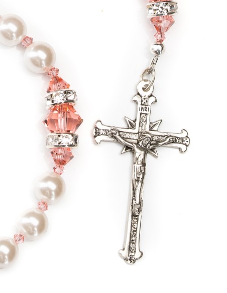 Sterling Silver Pearls Ancient Rose Crystal Rosary | Vatican Gift