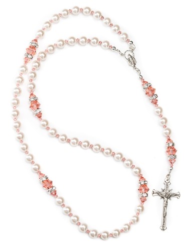 Sterling Silver Pearls Ancient Rose Crystal Rosary | Vatican Gift