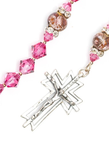 Sterling Silver Intense Pink Crystal Murano Glass Rosary Necklace
