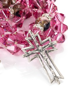Sterling Silver Intense Pink Crystal Murano Glass Rosary Necklace