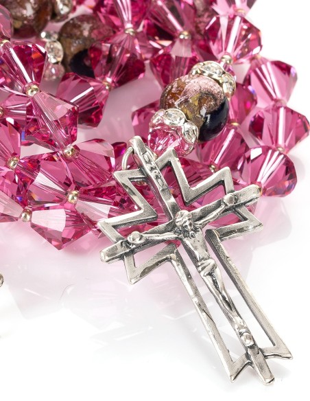 Sterling Silver Intense Pink Crystal Murano Glass Rosary Necklace Sterling Silver Intense Pink Crystal Murano Glass Rosary Necklace