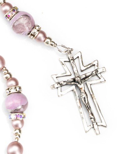 Sterling Silver Purple Satin Pearls Murano Glass Rosary Necklace