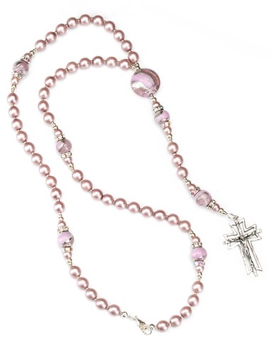 Sterling Silver Purple Satin Pearls Murano Glass Rosary Necklace | Vatican Gift