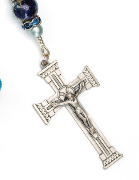 Sterling Silver Light Sky Blue Satin Pearls Murano Glass Rosary Necklace Sterling Silver Light Sky Blue Satin Pearls Murano Glass Rosary Necklace