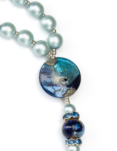 Sterling Silver Silk Light Sky Blue Pearls Murano Glass Rosary Necklace