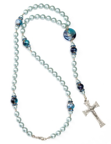 Sterling Silver Light Sky Blue Satin Pearls Murano Glass Rosary Necklace | Vatican Gift