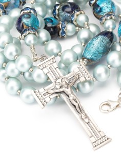Sterling Silver Silk Light Sky Blue Pearls Murano Glass Rosary Necklace