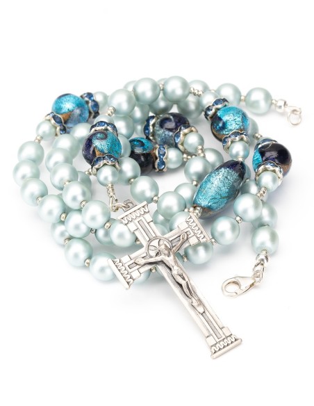 Sterling Silver Silk Light Sky Blue Pearls Murano Glass Rosary Necklace Sterling Silver Silk Light Sky Blue Pearls Murano Glass Rosary Necklace