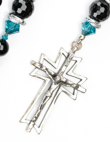 Sterling Silver Black Onyx Light Blue Crystal Rosary