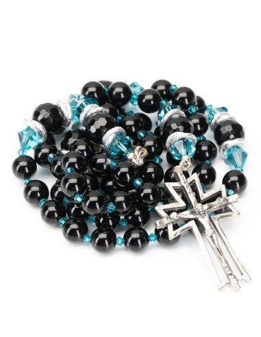 Sterling Silver Black Onyx Light Blue Crystal Rosary | Vatican Gift