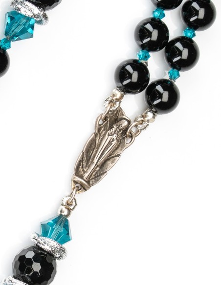 Sterling Silver Black Onyx Light Blue Crystal Rosary | Vatican Gift