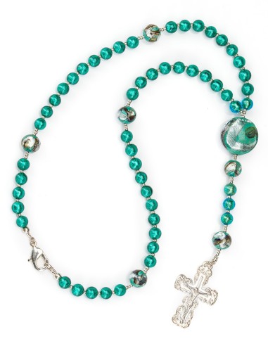 Sterling Silver Emerald Green Murano Glass Rosary Necklace | Vatican Gift