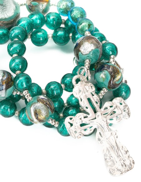 Sterling Silver Emerald Green Murano Glass Rosary Necklace