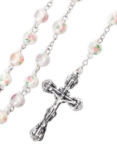 White Murano Glass Rosary - Baroque Crucifix