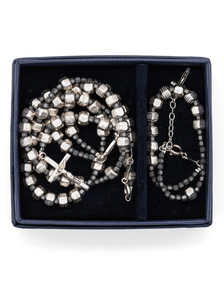 Sterling Silver Hematite Rosary Necklace Bracelet Set