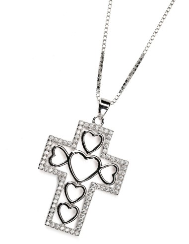 Sterling Silver Hearts Cross Zircons Necklace