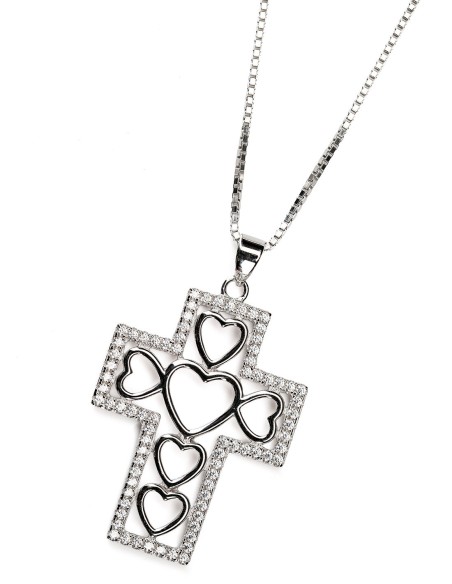 Sterling Silver Hearts Cross Zircons Necklace