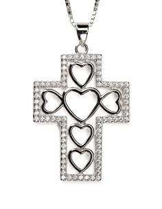 Sterling Silver Hearts Cross Zircons Necklace