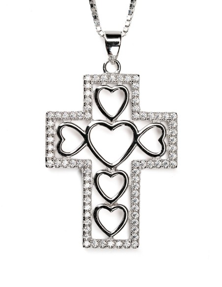 Sterling Silver Hearts Cross Zircons Necklace