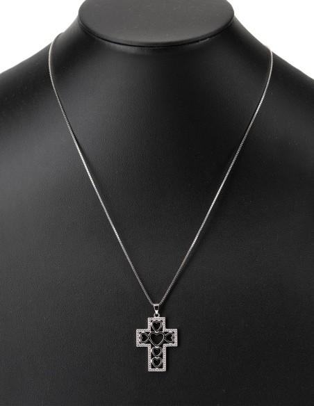 Sterling Silver Hearts Cross Zircons Necklace