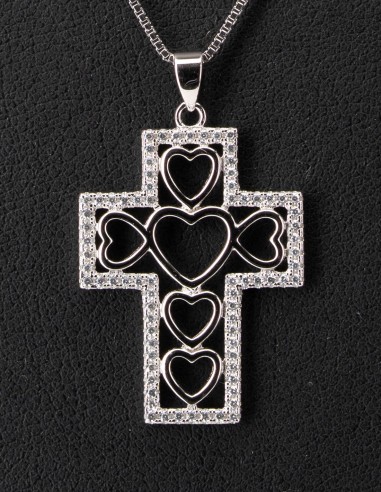 Sterling Silver Hearts Cross Zircons Necklace