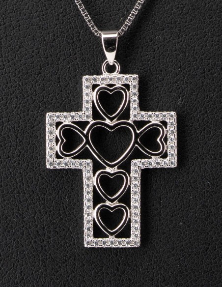 Sterling Silver Hearts Cross Zircons Necklace