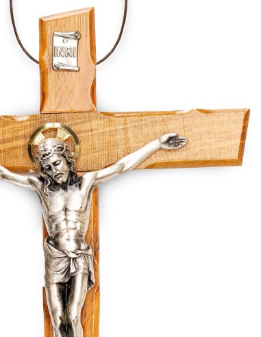 Olive Wood Crucifix Angled Carved Edges Halo