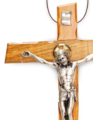 Olive Wood Crucifix Angled Carved Edges Halo