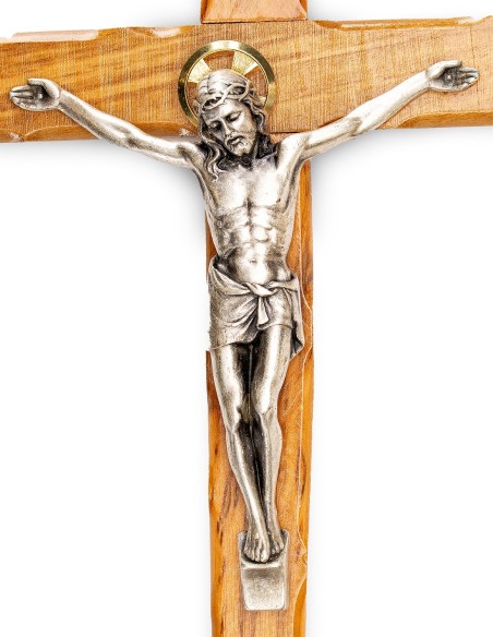 Olive Wood Crucifix Angled Carved Edges Halo