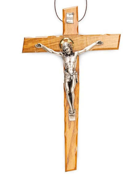 Olive Wood Crucifix Angled Carved Edges Halo