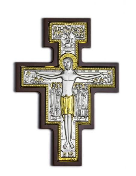 Sterling Silver Bilaminate San Damiano Crucifix Gold Details Sterling Silver Bilaminate San Damiano Crucifix Gold Details