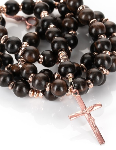 Rose Gold Plated Sterling Silver Wood Hematite Rosary