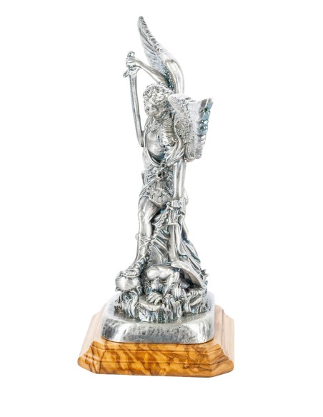 Sterling Silver Plated St. Michael the Archangel Olive Wood Base Statue