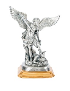 Sterling Silver Plated St. Michael the Archangel Olive Wood Base Statue