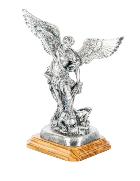 Sterling Silver Plated St. Michael the Archangel Olive Wood Base Statue