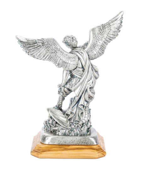 Sterling Silver Plated St. Michael the Archangel Olive Wood Base Statue