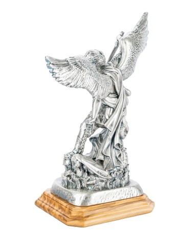 Sterling Silver Plated St. Michael the Archangel Olive Wood Base Statue