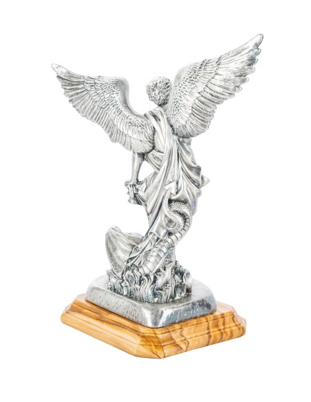 Sterling Silver Plated St. Michael the Archangel Olive Wood Base Statue