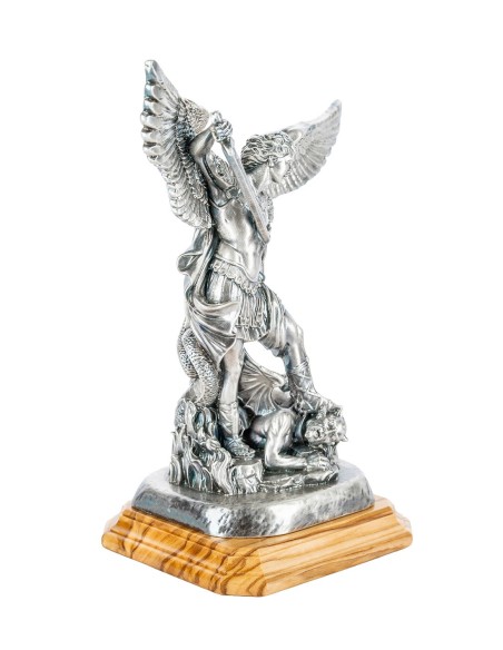 Sterling Silver Plated St. Michael the Archangel Olive Wood Base Statue