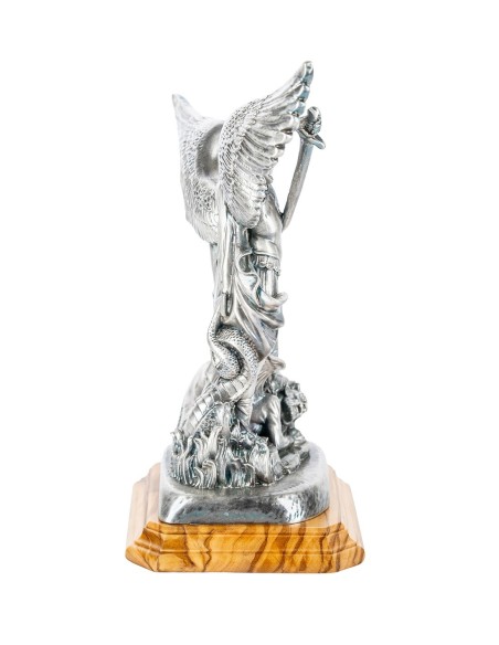 Sterling Silver Plated St. Michael the Archangel Olive Wood Base Statue