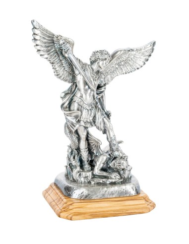 Sterling Silver Plated St. Michael the Archangel Olive Wood Base Statue