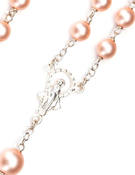 Sterling Silver Peach Pink Satin Glass Pearls Rosary Sterling Silver Peach Pink Satin Glass Pearls Rosary