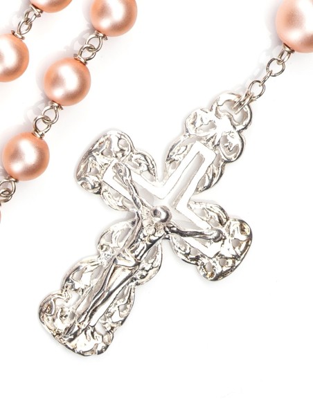 Sterling Silver Peach Pink Satin Glass Pearls Rosary Sterling Silver Peach Pink Satin Glass Pearls Rosary