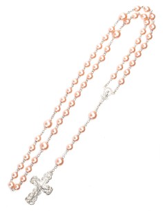 Sterling Silver Peach Pink Satin Glass Pearls Rosary 2