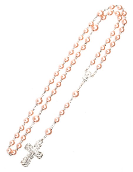 Sterling Silver Peach Pink Satin Glass Pearls Rosary Sterling Silver Peach Pink Satin Glass Pearls Rosary