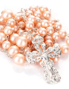 Sterling Silver Peach Pink Satin Glass Pearls Rosary